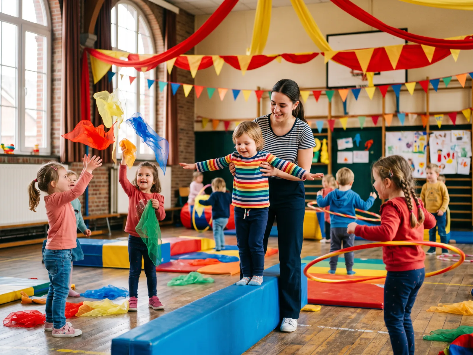 Kleuters balanceren en jongleren met doekjes tijdens een circuskamp in de turnzaal