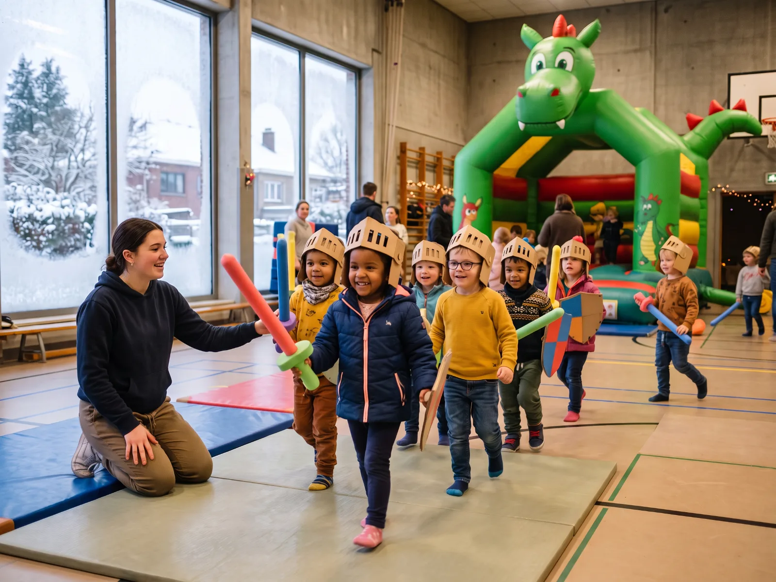 Kleuters met kartonnen ridderhelmen marcheren naar een opblaasbare draak tijdens een kleuterkamp
