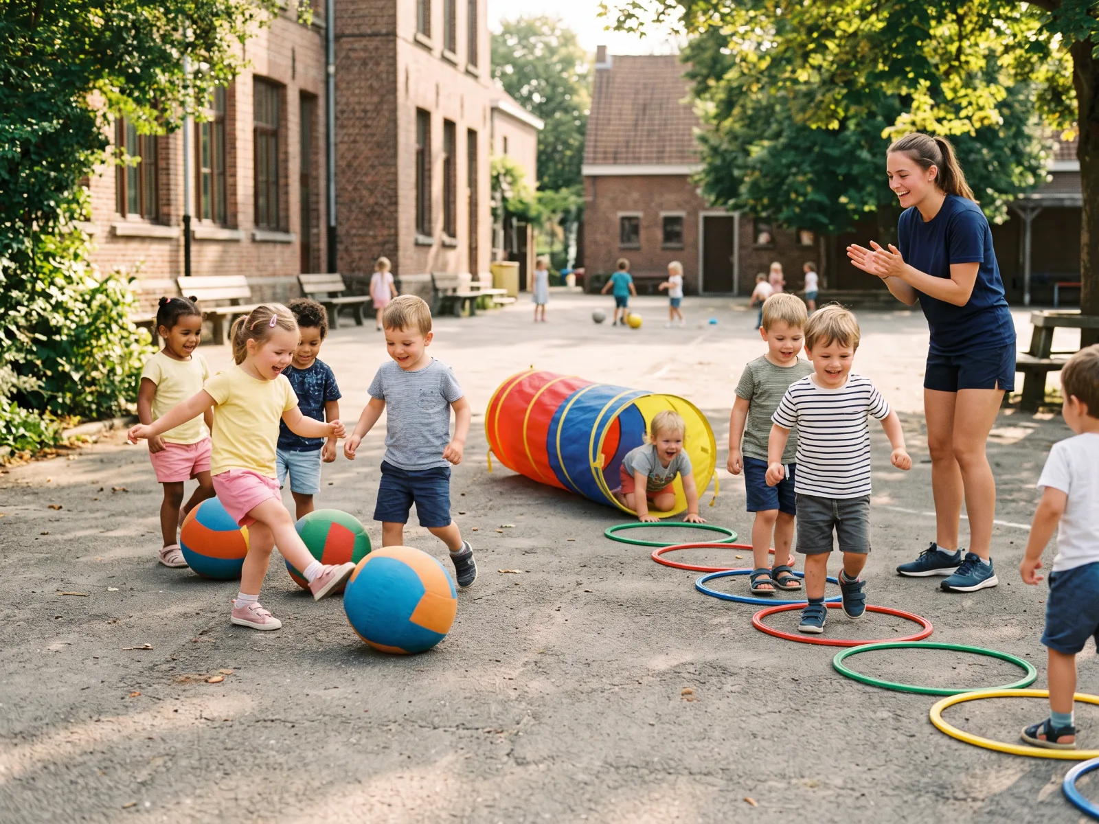 Kleuters spelen met zachte ballen en hoepels tijdens een kleuterkamp op de speelplaats