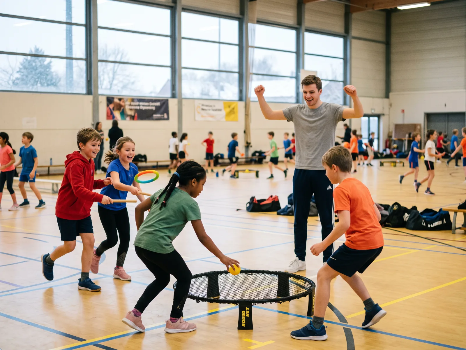 Kinderen spelen roundnet en vangen een ring met sticks tijdens een sportkamp in een sporthal