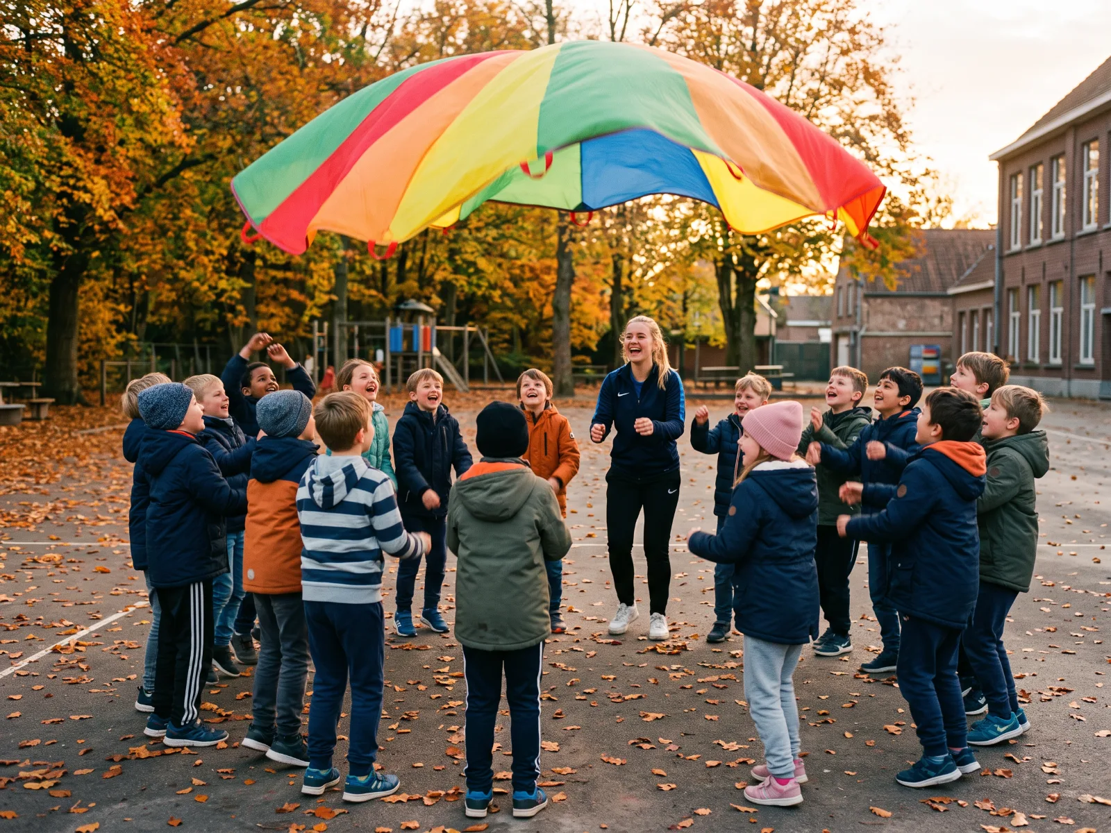 Kinderen tillen samen een regenboogparachute op tijdens een sportkamp in de herfst
